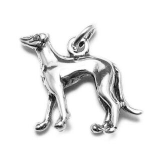 GREYHOUND IN PROUD POSE CHARM IN 3D STERLING SILVER.